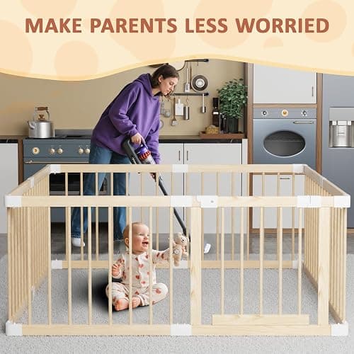 Baby Playpen,Wooden and Toddler Playpen,Play Pen for Babies and Toddlers Kids Indoor,Wooden Babies with Locking Baby Gate,Easy to Assemble,Play Pen Area Indoor, Non-Collapsible(53x53x24 Inch) thumbnail 4