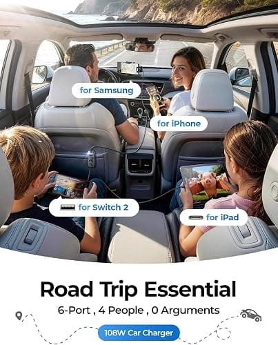 AINOPE PD&QC 108W Multiple Ports Car Charger, Cigarette Lighter USB Charger | Car Charger Adapter Fast Charging for iPhone 17 [+5FT Cable], for Ulefone Note 18 Ultra, 12V Road Trip Essentials for Kids thumbnail 2