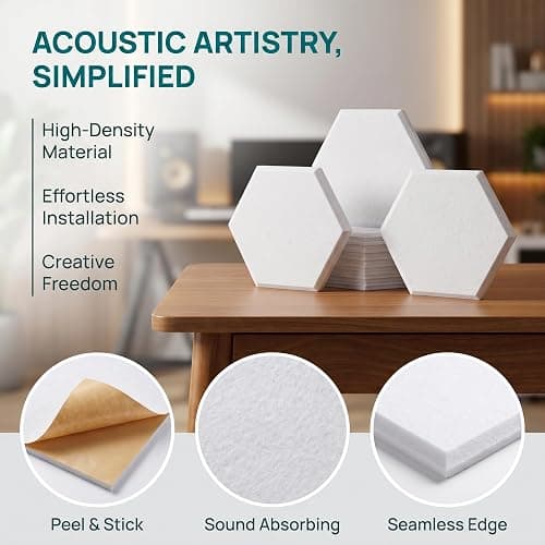 18 Pack Hexagon Acoustic Panels, 11.8 x 10.2 Inch Self Adhesive Sound Absorbing Panels, High Density Polyester Acoustic Wall Panels for Recording Studio, Home Office, Podcast Room, Gaming Room thumbnail 7