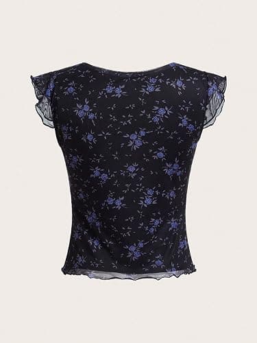 Floerns Women's Contrast Lace Sleeveless Tie Front Mesh Vintage Tee Top thumbnail 3