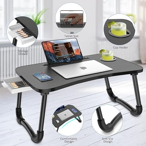Zapuno Foldable Laptop Bed Table Multi-Function Lap Bed Tray Table with Storage Drawer and Water Bottle Holder, Serving Tray Dining Table with Slot for Eating, Working on Bed/Couch/Sofa (Arc Shape) - Beige1 thumbnail 2