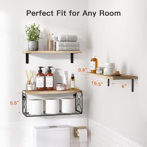 Pipishell Floating Shelves with Wire Strorage Basket, Paulownia Wood Bathroom Shelves for Home Organization & Wall Decor, Bathroom/Kitchen/Living Room/Office Shelves, Set of 3+1, Natural thumbnail 3