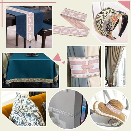 PH PandaHall 5.5Yard Embroidered Drapery Trim Geometric Ribbon 3.6" Wide Polyester Jacquard Grid Ribbon Pink Gray Drapery Banding Trim Tape for Drapes Curtain Banding Sewing Clothing Decor thumbnail 5