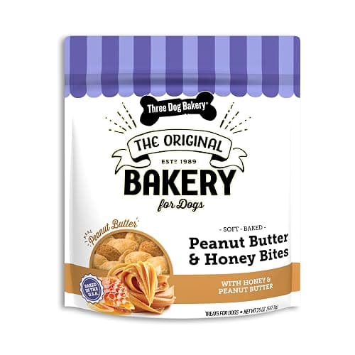 Three Dog Bakery Peanut Butter & Honey Bites, Mess-Free Snacks & Training Cookies for Dogs & Puppies, Human-Inspired - Image 1