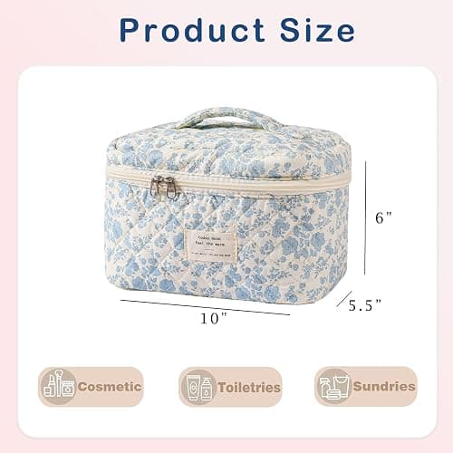 RSRSLEII Large Quilted Makeup Bag for Women and Girls, Cute Coquette Floral Cotton Cosmetic Bag, Aesthetic Travel Organized Toiletry Bags (09Light Blue Flower) thumbnail 3