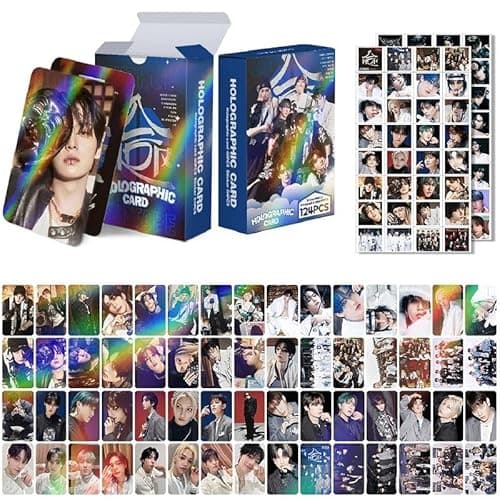 124pcs Stray-Kids Laser Photocards Set,Stray-Kids HOP Giant ATE Album Laser Photocard SKZ Merch Lomo Card for Stay Gift (60pcs Photocards+64pcs Stickers-Black)
