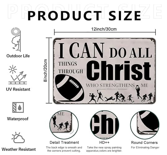 Funnysign Football Gifts I Can Do All Things Through Christ Philippians 4:13 Inspirational Bible Verse Tin Sign for Boys Room Man Cave Bedroom Living Room Decor 8 x 12 Inches (3926) thumbnail 3