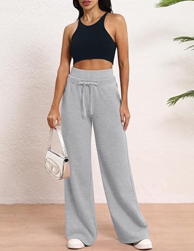 HeSaYep Women's Wide Leg Sweatpants Double Waisted Fleece Baggy Sweat Pants with Pockets thumbnail 4