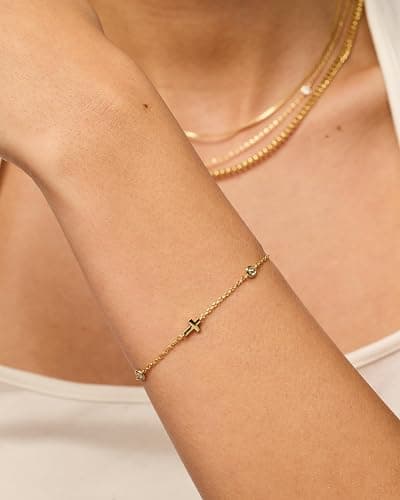 PAVOI 14K Gold Plated Sideways Cross Bracelet for Women | Religious Cubic Zirconia Station Bracelet | Confirmation Gift thumbnail 2