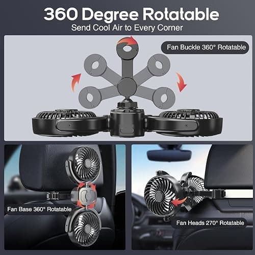 Dealswin Rechargeable Car Fan for Backseat Kids Baby, Battery and USB Dual Power Car Fans, Powerful 3 Speeds 360° Rotatable Dual Head Cooling Car Seat Fan for Sedan SUV RV Truck Vehicle thumbnail 6