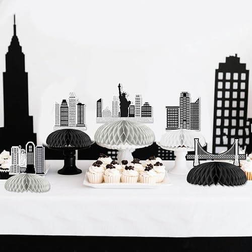Cheerupp 8 Pcs Black New York City Theme Honeycomb Centerpieces Decorations | NYC Theme, Skyscraper Table Toppers, Night Scene 3D Table Signs, Doubles Sided, for National Day, Baby Shower Bday Party thumbnail 5