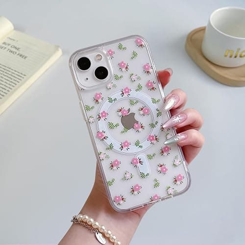 QLTYPRI Magnetic for iPhone 13/14 Case Compatible with Magsafe, Cute Floral Flower Aesthetic Phone Case Slim Clear Anti-Yellowing Shockproof Phone Cover for Girls Women - Pink White thumbnail 2