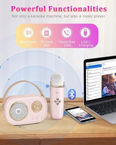 PRUNUS C20 Mini Karaoke Machine Portable Bluetooth Speaker with Wireless Microphone 6 Sound Modes for Adults&Kids Birthday Home Farmily Friends Party Gifts for Girls Boys Friends-Pink thumbnail 4