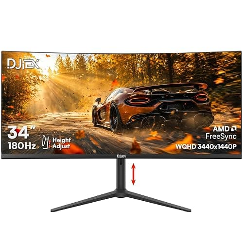 DJiEX 34 Inch Ultrawide Curved Gaming Monitor, 180Hz, Height Adjustable | WQHD 3440x1440, 1500R, 4000:1, 127% sRGB, FreeSync, 16.7M, Curvature & 178° Viewing Angle, Base for Computer, Business thumbnail 2