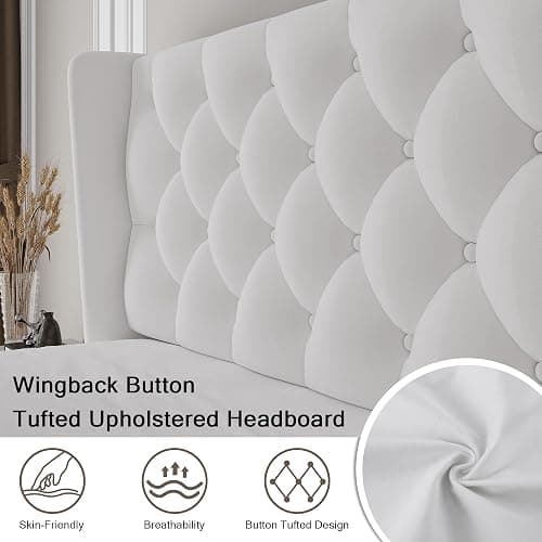 Einhomn Queen Size Upholstered Bed Frame with Wingback Headboard, Fabric Velvet Platform Bed, 8" Under Bed Storage, Wooden and Metal Slats Support, No Box Spring Needed, White thumbnail 3