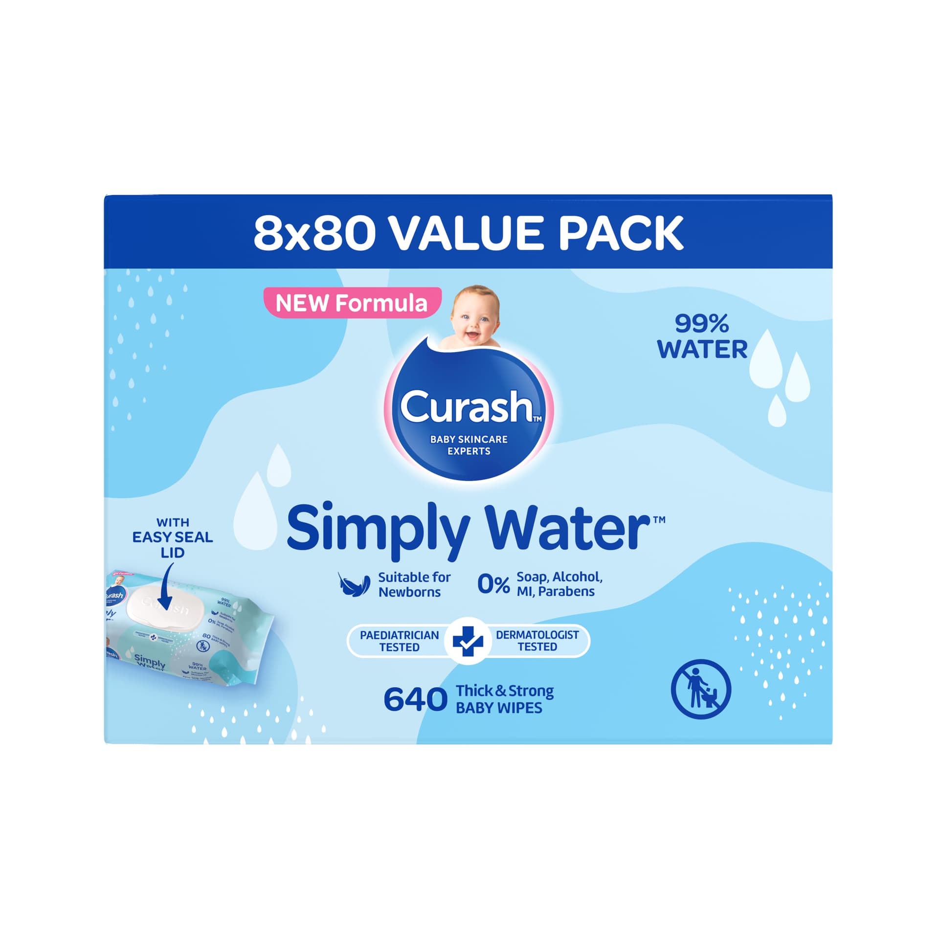 New Formula Curash Simply Water Baby Wipes, 8x80 Pack, Suitable for Newborns, 99% Purified Water, No Soap, Alcohol or Parabens, Thick & Soft Texture, Everyday Cleansing and Nappy Changes, 640 Wipes thumbnail 2