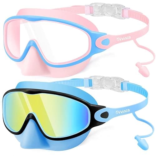 Vvinca Swim Goggles, Kids Goggles with Earplugs& Nose Clip Wide View Anti-Fog/UV Swimming Goggles for Age 3-15 Boys Girls - Image 1