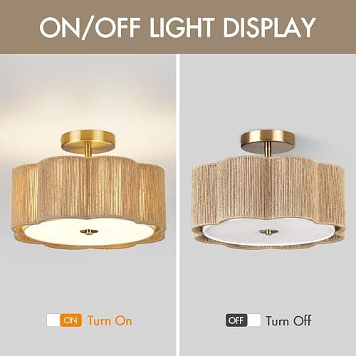 HILUXIA Boho Rattan Ceiling Light Fixture, 3-Light Semi Flush Mount Woven Ceiling Lamp with Gold Canopy, Dimmable Floral Wicker Ceiling Light for Bedroom Dining Room Kitchen Hallway Entryway Foyer thumbnail 5