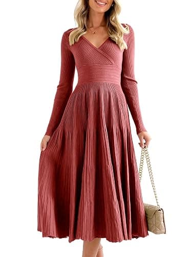 Saodimallsu Womens Long Sleeve Midi Sweater Dress Wrap V Neck Pleated A Line Fit Flare Elegant Knit Maxi Dress - Image 1