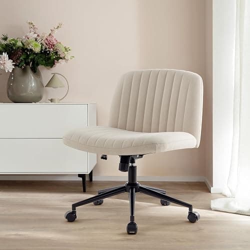 IWMH Armless Office Chair, Desk Chairs with Wheels,Ergonomic Criss Cross Legged Chair with Fabric Padded,Height Adjustable Wide Seat Computer Chairs,Mid-Back Swivel Vanity chair for Home Office(Beige) - Beige With Wheels thumbnail 4