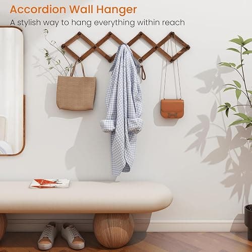 Homode Vintage Wood Expandable Peg Rack- Multi-Purpose Accordion Wall Hangers with 13 Hooks for Hats, Coat, Mugs, Scarf, Jewelry Storage thumbnail 2