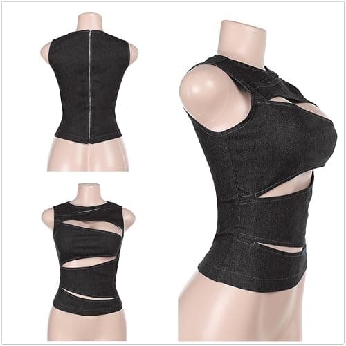 MINGSEECESS Women Sexy Irregular Hollow Out Cutting Denim Crop Tank Top Sleeveless Back Zipper Vest Clubwear thumbnail 3
