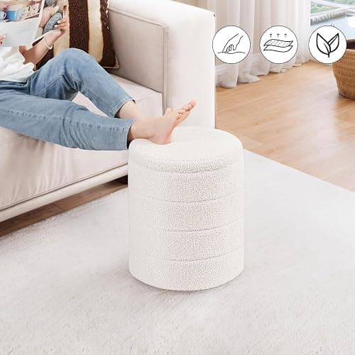 PINPLUS Round Storage Ottoman Foot Rest Stool with Tray Velvet Sherpa Folding Storage Ottoman,Boucle Foot Rest for Living Room, Bedroom, Dorm（White） thumbnail 2