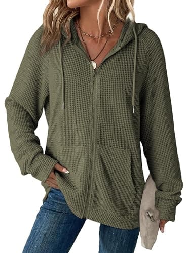 Dokotoo Women's Full Zip Up Hoodies Waffle Knit Long Sleeve Drawstring Casual Sweatshirt Hooded Tops - Image 1