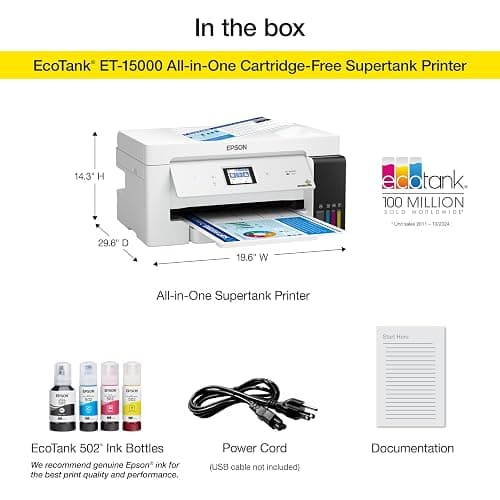 Epson EcoTank ET-15000 Wireless Color All-in-One Supertank Printer with Scanner, Copier, Fax, Ethernet and Printing up to 13 x 19 Inches, White thumbnail 5