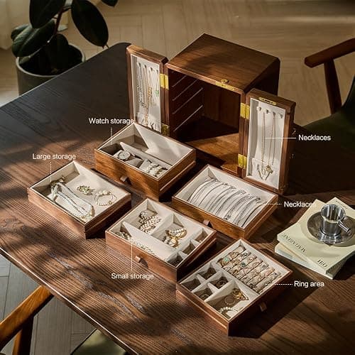 Wenseny Lockable Walnut Jewelry Box with Key, 5-Layer Jewelry Storage Box | for Necklaces, Rings, Earrings & Bracelets - Ideal for Birthdays, Anniversaries & Christmas thumbnail 5