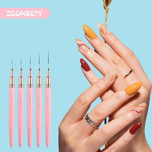 Nagelkunstpinsel, 5 Stück Nagelkunst Liner Pinsel, Malerei Kunst Design Pinselset Nagelpunktier-Zeichenwerkzeug für lange Linien, dünne Details, feines Zeichnen in den Größen 6/9/12/15/18 mm, rosa. thumbnail 6