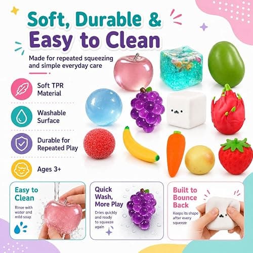9 Pack Squishy Squeeze Toys Set, Mystery Food & Fruit Squishies (Strawberry, Carrot, Grape & More), Soft Sensory Stress Relief Toys for Kids & Adults, Birthday Party Favors (Color A) thumbnail 4