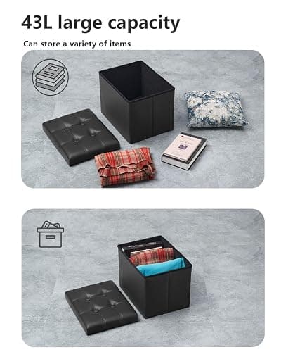 Bsketa Storage Ottoman, Folding Foot Stool with Thicker Foam Padded Seat Small Leather Storage Ottoman Bench Foot Rest for Living Room Foldable Coffee Table 17x13x13in,Black thumbnail 6