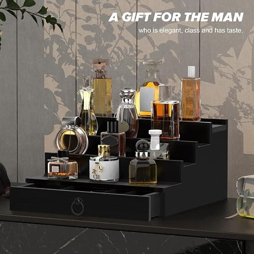 upcessory Cologne Organizer for Men, 4 Tier Black Wood Perfume Organizer with Felt Lining Drawer and Hidden Compartment, Perfume Display Holder, A Gift for Men thumbnail 7