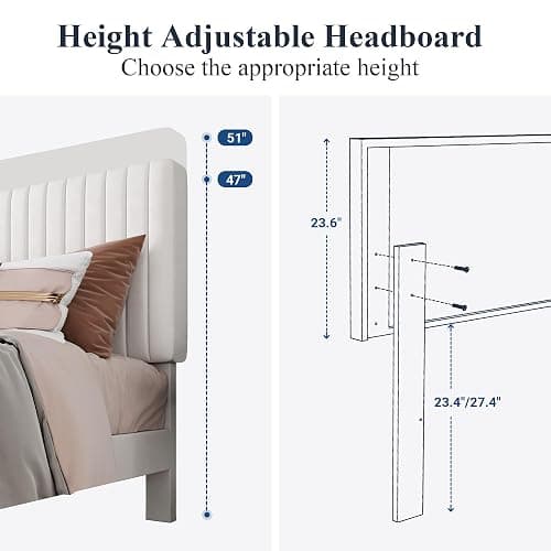 Allewie Queen Bed Frame, Velvet Upholstered Platform Bed with Adjustable Vertical Channel Tufted Headboard, Mattress Foundation with Strong Wooden Slats, Box Spring Optional, Easy Assembly, White thumbnail 6