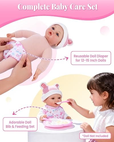 BABESIDE Baby Doll Accessories, 10 Pcs Disappearing Doll Feeding Set for Toy Stroller, Baby Care Pretend Play Kit with Magic Bottles, Pacifiers, Bib, Diaper & Carry Bag for 12–15 Inch Dolls thumbnail 5