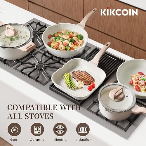 Kikcoin 16Pcs Pots and Pans Set Nonstick Ceramic Cookware Sets Induction Kitchen Cooking Set Non toxic Healthy Non Stick w/Grill Pan,Saute Pan, Ceramic White thumbnail 7