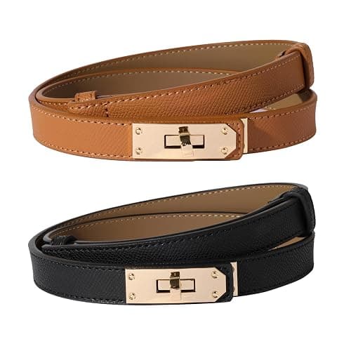 Ovekaut Women Skinny Leather Belt Solid Color Alloy Turn Lock Adjustable Waistband for Dresses Jeans Coats - Image 1