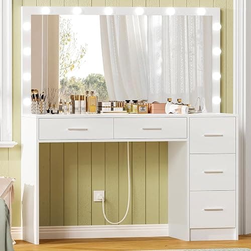 usikey 47.2" Large Vanity Desk with Lighted Mirror, 14 Lights, Makeup Vanity Table with 5 Large Drawers & Charging Station, Makeup Vanity Desk, Vanity Table Set for Bedroom, White thumbnail 7