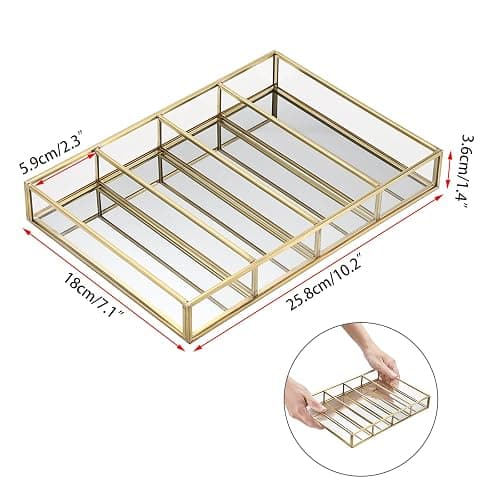 Hipiwe Sunglass Organizer Tray, 4 Grids Eyeglasses Watch Holder Gold Glass Eyewear Glasses Storage Case for Women Men, Mirrored Jewelry Perfume Vanity Display Tray Drawer Divider Insert thumbnail 3