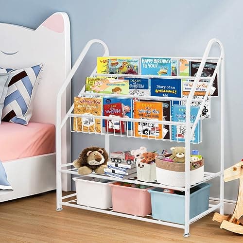aboxoo Metal Kids Bookshelf Freestanding Bookcase for Children Room 32 in Large Toy Organizer Modern MinimalistWhite Stable Metel Bookstore Bedroom, Living, Library Book Unit Storage thumbnail 2