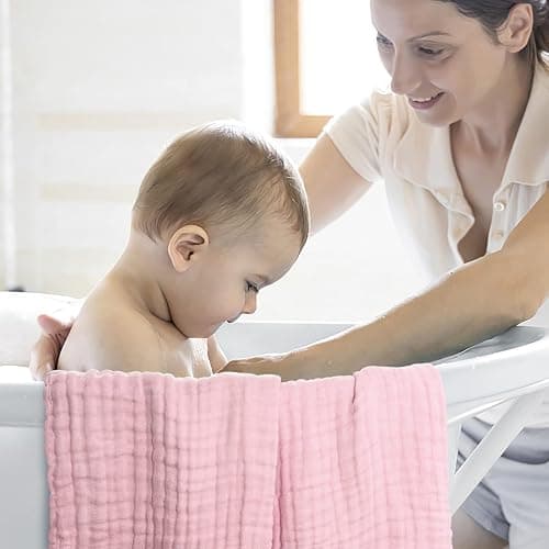 Muslin Baby Bath Towels,3 Pack,6Layer Large 40"x40", Natural Cotton,Pink | Ultra Soft and Absorbent,Infant Toddler Blanket Towel, Unisex Suitable for Girls and Boys,Newborn Essential,Quick-drying thumbnail 6