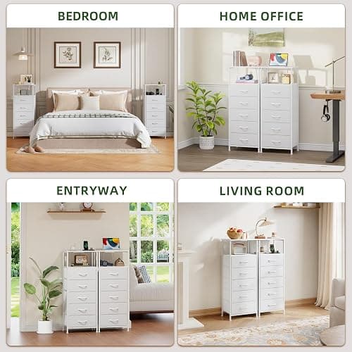 Somdot White Nightstand with Charging Station and LED Light for Bedroom, Tall 5 Drawers Dresser with Fabric Bins for Bedside Kids Dorm Room Closet Laundry Entryway, White Leather thumbnail 8