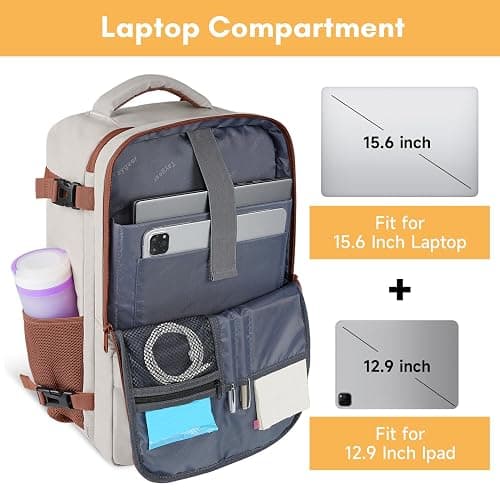 Taygeer Backpack for Women, College Backpack with Laptop Compartment & Shoe Pouch, 35l Travel Laptop Mochila Carry On Luggage, Airline Approved Personal Item Bag For Weekender Gym Hiking, Khaki White thumbnail 7