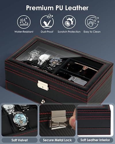 Kukikan Watch Jewellery Box Organiser, Watch Case and Sunglasses Storage with Large Glass Lid, 6 Slots and 2 Layers, Men's Jewellery Box with Lock, Watch Holder Display Case, Gift for Men Women thumbnail 5