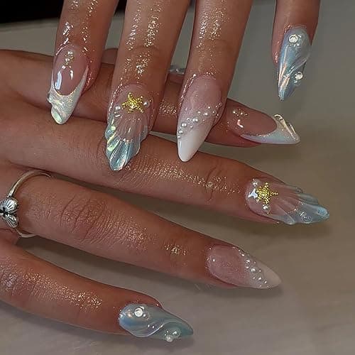 ZRETHFB 24Pcs Summer Press-on Nails Medium Almond Gel False Nails with 3D Pearl Seashell Designs Gold Star French Tip Stick-on Nails for Women thumbnail 2