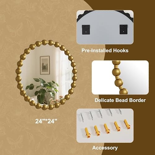 Easly Round Mirror for Wall, 24 Inch Gold Beaded Frame Decorative Vanity Mirror, Circle Bathroom Mirror with High-Definition Lense, Modern Wall Decor for Bathroom, Living Room, Bedroom, Entryway thumbnail 4