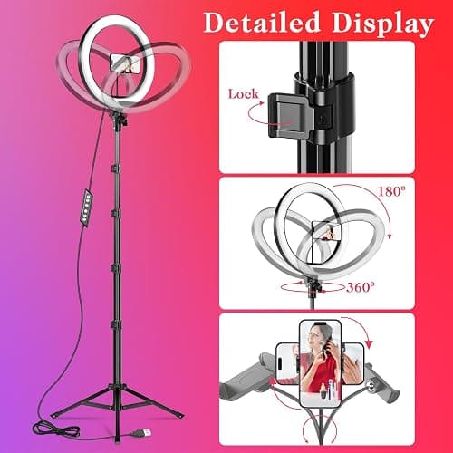 Ring Light avec Trépied Grand, 182cm/71.5” Trepied Smartphone Lumineux, Anneau Lumineux 10" pour Selfie, Maquillage, Camera Vlog, TikTok thumbnail 3