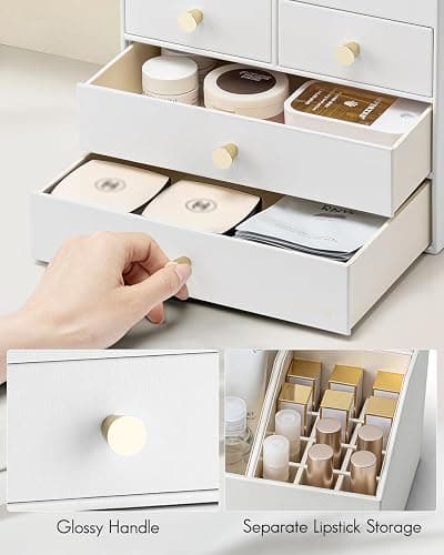 Vlando Makeup Organizer Countertop,Large Vanity Organizer PU Leather Make up Storage with 4 Drawers Skin care Organizer Cosmetic Display Case for Lipstick,Brushes,Bedroom-White thumbnail 4