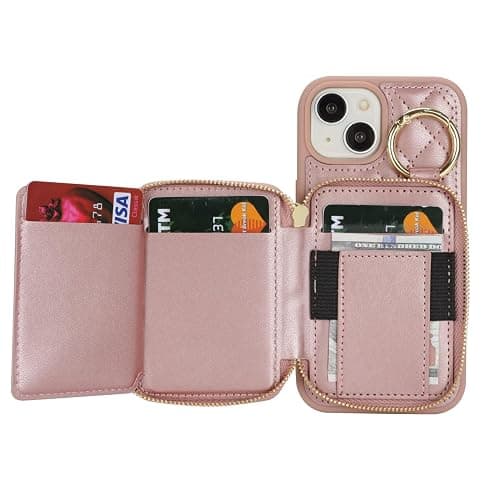 Hamany for iPhone 14 Case Wallet with Card Holder-Rose Gold | Phone case wallet with zipper with Slot Kickstand Stand Case for Women and Man 5G 6.1 Inch thumbnail 5